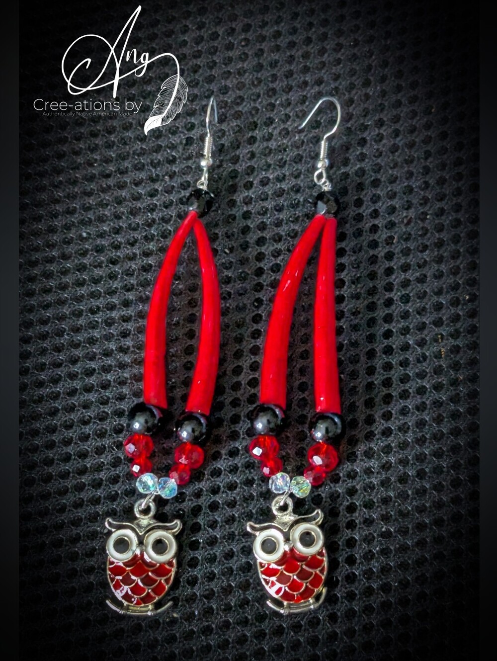 Native American Red Owl Dentalium Shell Dangle Earrings